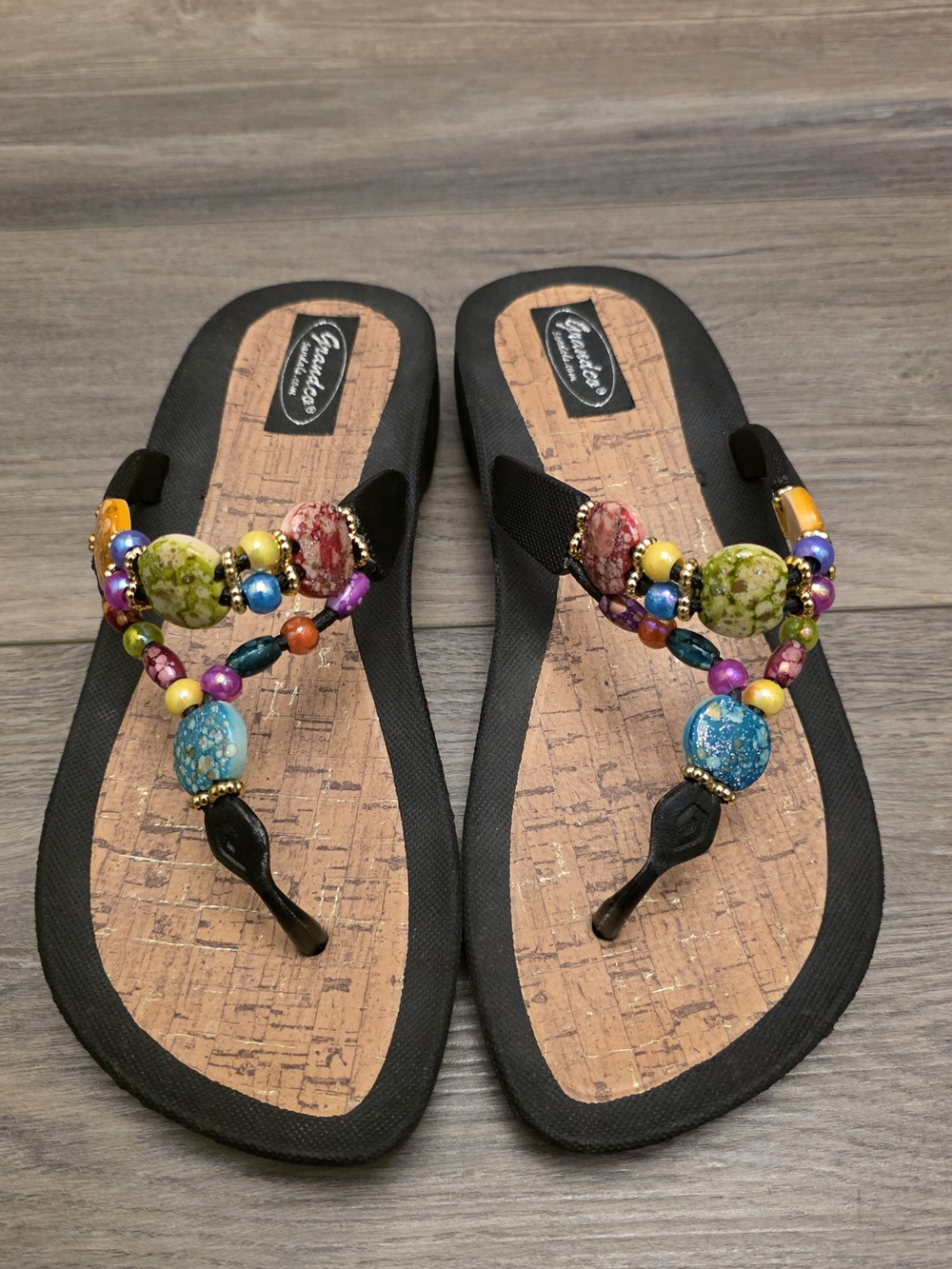 GRANDCO SANDALS MARBLE CORK THONG Beach Pool THONG BLACK BLING Multi Color